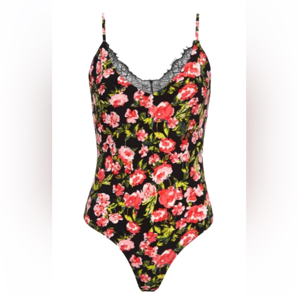 NWT Leith black floral pink bodysuit